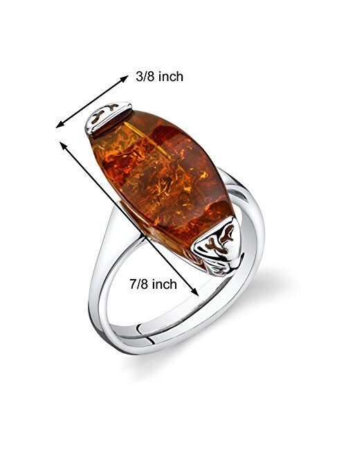 Peora Genuine Baltic Amber Gallery Ring for Women 925 Sterling Silver, Large Statement Stone, Rich Cognac Color Sizes 5 to 9