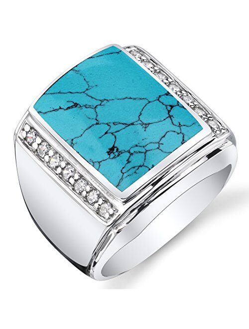 Peora Men's Simulated Turquoise Aston Signet Ring Premium 925 Sterling Silver, Large 15x12mm Rectangular Shape, Sizes 8 to 13