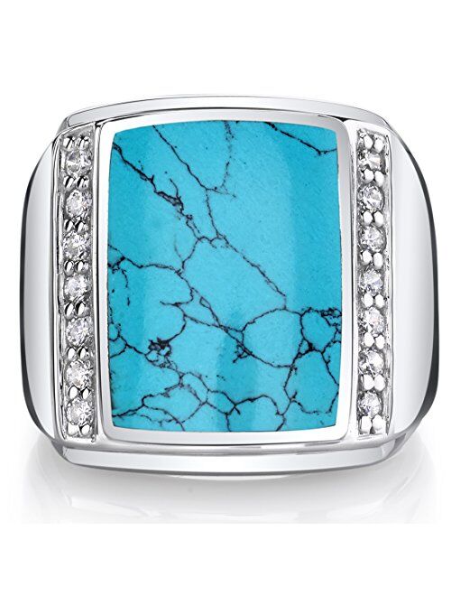 Peora Men's Simulated Turquoise Aston Signet Ring Premium 925 Sterling Silver, Large 15x12mm Rectangular Shape, Sizes 8 to 13