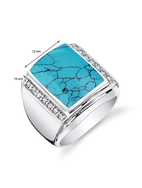 Peora Men's Simulated Turquoise Aston Signet Ring Premium 925 Sterling Silver, Large 15x12mm Rectangular Shape, Sizes 8 to 13