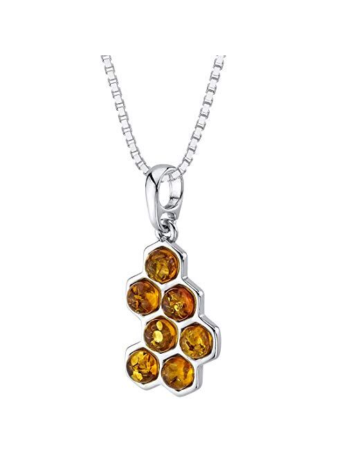 Peora Genuine Baltic Amber Honeycomb Pendant Necklace for Women 925 Sterling Silver, Rich Cognac Color, with 18 inch Chain