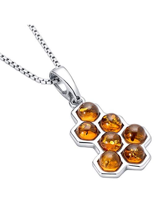 Peora Genuine Baltic Amber Honeycomb Pendant Necklace for Women 925 Sterling Silver, Rich Cognac Color, with 18 inch Chain