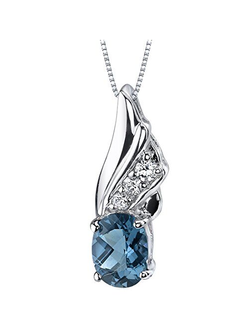 Peora London Blue Topaz Pendant Necklace in Sterling Silver, Angel Wing Solitaire, Oval Shape, 8x6mm, 1.50 Carats, with 18 inch Chain