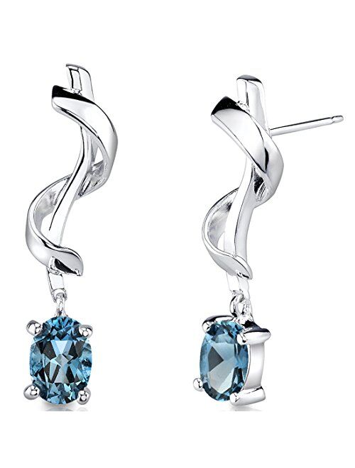 Peora London Blue Topaz Dangle Earrings for Women 925 Sterling Silver, Twist Design, 2 Carats Total Oval Shape 7x5mm, Friction Backs