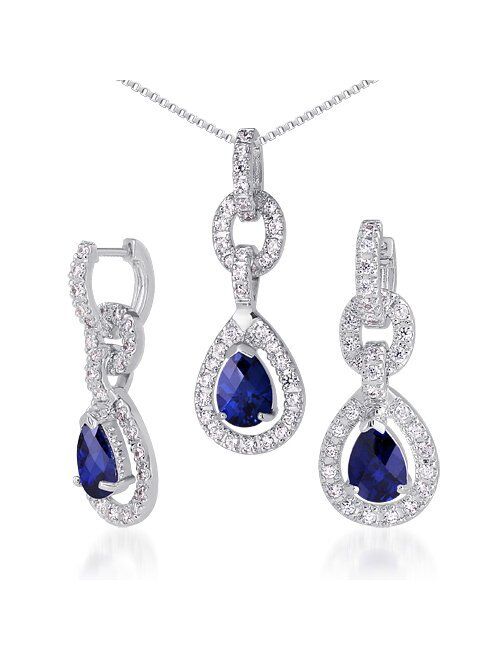 Peora 6 Carats total Created Blue Sapphire Teardrop Earrings Pendant Necklace Set for Women 925 Sterling Silver, Pear Shape with 18 inch Italian Chain