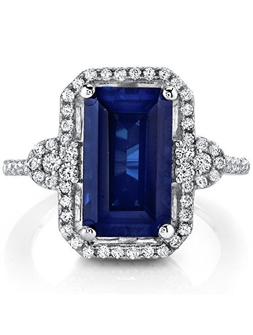 Peora Created Blue Sapphire Ring in 925 Sterling Silver, 4.50 Carats Total, Imperial Octagon Design, Comfort Fit, Sizes 5 to 9