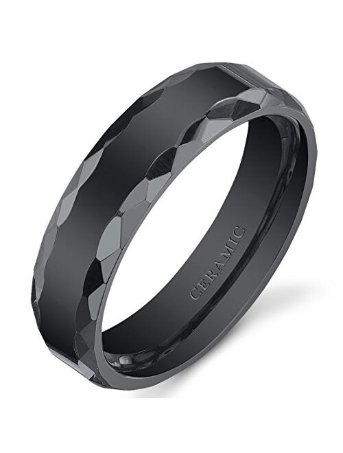 Peora Classic Black Ceramic Wedding Ring Band for Men and Women, Designer Faceted Edge, 6mm Comfort Fit, Sizes 5 to 13