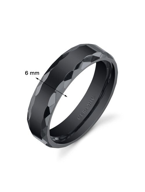 Peora Classic Black Ceramic Wedding Ring Band for Men and Women, Designer Faceted Edge, 6mm Comfort Fit, Sizes 5 to 13