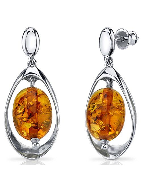 Peora Genuine Baltic Amber Pendant Necklace and Earrings in Sterling Silver, Floating Oval Shape, Rich Cognac Color