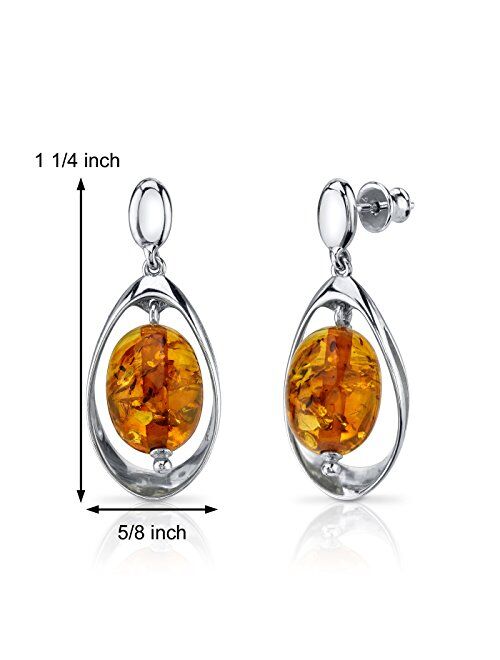 Peora Genuine Baltic Amber Pendant Necklace and Earrings in Sterling Silver, Floating Oval Shape, Rich Cognac Color