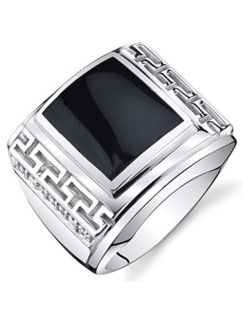 Peora Men's Genuine Black Onyx Greek Key Chunky Signet Ring 925 Sterling Silver, Large 13x10mm Rectangular Shape, Sizes 8 to 13