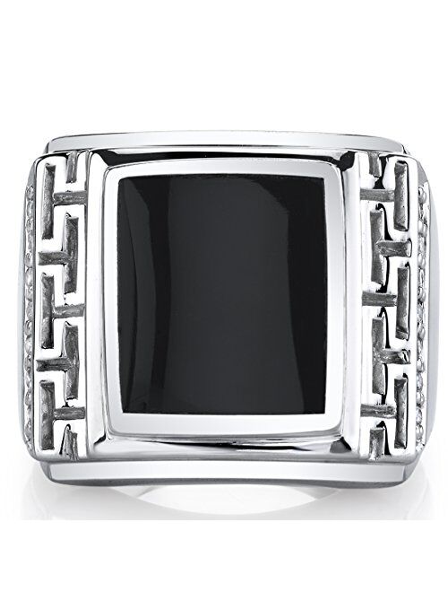 Peora Men's Genuine Black Onyx Greek Key Chunky Signet Ring 925 Sterling Silver, Large 13x10mm Rectangular Shape, Sizes 8 to 13