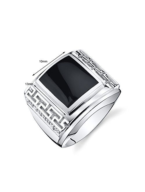 Peora Men's Genuine Black Onyx Greek Key Chunky Signet Ring 925 Sterling Silver, Large 13x10mm Rectangular Shape, Sizes 8 to 13