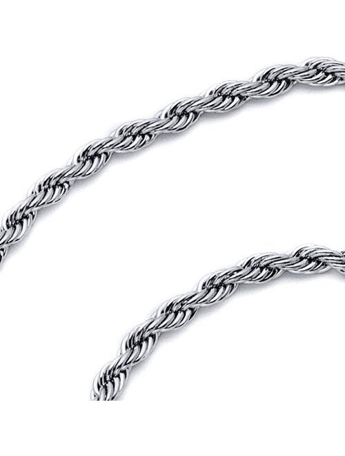 Peora 2mm Diamond Cut Stainless Steel Rope Chain Necklace Available in 16, 18, 20 and 22 inch Length