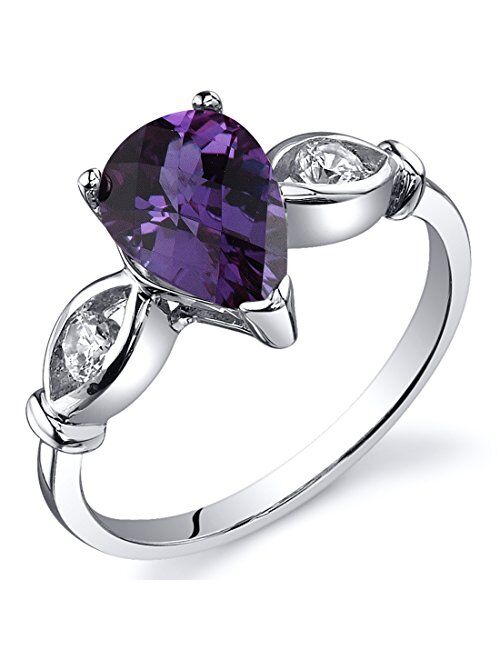 Peora Simulated Alexandrite 3-Stone Teardrop Ring for Women 925 Sterling Silver, Color-Changing, 1.75 Carats Pear Shape 9x6mm, Sizes 5 to 9