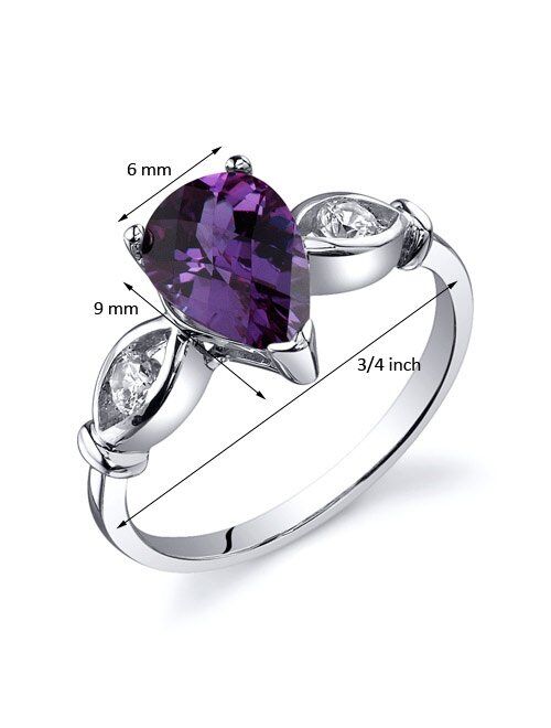 Peora Simulated Alexandrite 3-Stone Teardrop Ring for Women 925 Sterling Silver, Color-Changing, 1.75 Carats Pear Shape 9x6mm, Sizes 5 to 9