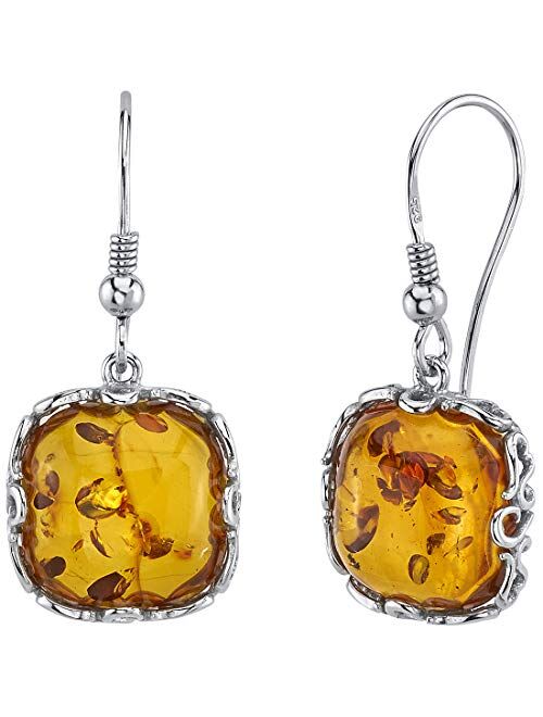 Peora Genuine Baltic Amber Cushion Cut Dangle Earrings for Women 925 Sterling Silver, Rich Cognac Color, Designer Scroll Gallery, Fish Hooks