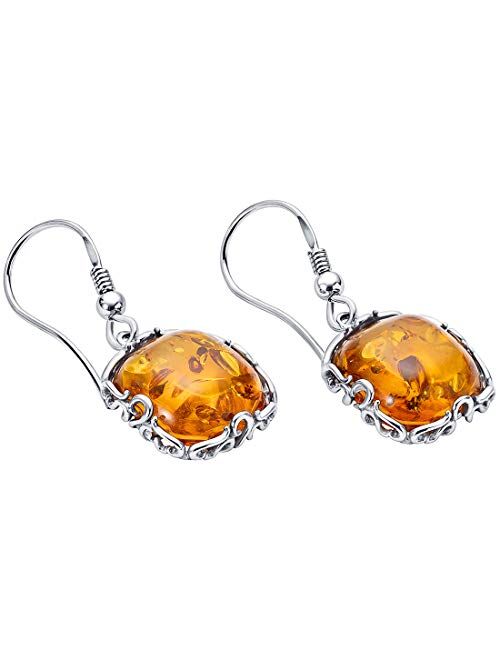 Peora Genuine Baltic Amber Cushion Cut Dangle Earrings for Women 925 Sterling Silver, Rich Cognac Color, Designer Scroll Gallery, Fish Hooks