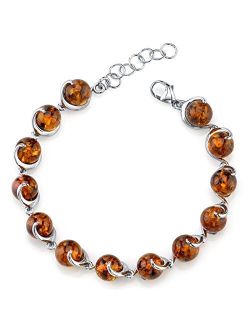 Genuine Baltic Amber Spiral Tennis Bracelet for Women 925 Sterling Silver, Rich Cognac Color, 9.5mm Round Sphere Shape, 7.50 inches length