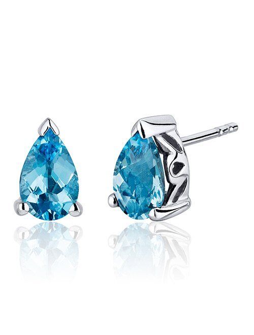 Peora Swiss Blue Topaz Stud Earrings 925 Sterling Silver, Solitaire Scroll Gallery, Natural Gemstone Birthstone, 2 Carats Total Pear Shape 8x5mm, Friction Backs