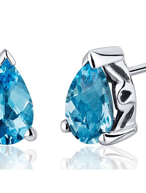 Peora Swiss Blue Topaz Stud Earrings 925 Sterling Silver, Solitaire Scroll Gallery, Natural Gemstone Birthstone, 2 Carats Total Pear Shape 8x5mm, Friction Backs