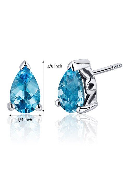 Peora Swiss Blue Topaz Stud Earrings 925 Sterling Silver, Solitaire Scroll Gallery, Natural Gemstone Birthstone, 2 Carats Total Pear Shape 8x5mm, Friction Backs