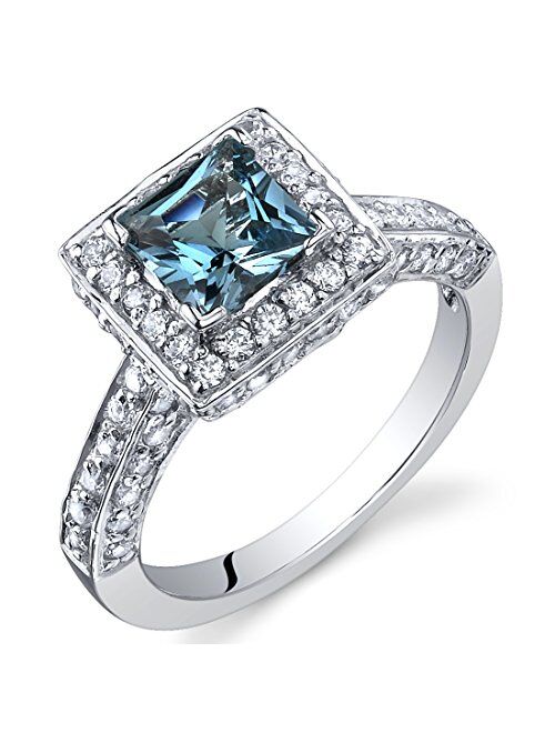 Peora London Blue Topaz Princess Cut Ring in Sterling Silver, Natural Gemstone, Vintage Halo Solitaire Design, 1.00 Carat total, Comfort Fit, Sizes 5 to 9