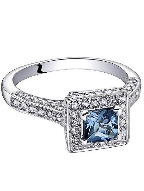 Peora London Blue Topaz Princess Cut Ring in Sterling Silver, Natural Gemstone, Vintage Halo Solitaire Design, 1.00 Carat total, Comfort Fit, Sizes 5 to 9