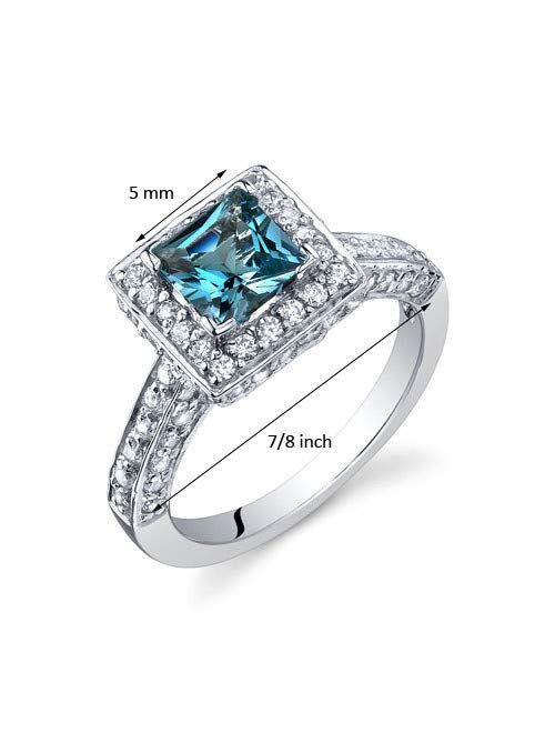 Peora London Blue Topaz Princess Cut Ring in Sterling Silver, Natural Gemstone, Vintage Halo Solitaire Design, 1.00 Carat total, Comfort Fit, Sizes 5 to 9