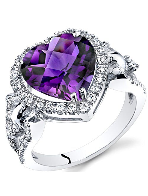 Peora Amethyst Large Heart Halo Ring for Women 14K White Gold with White Topaz, Genuine Gemstone, 3 Carats 10mm, Sizes 5 to 9