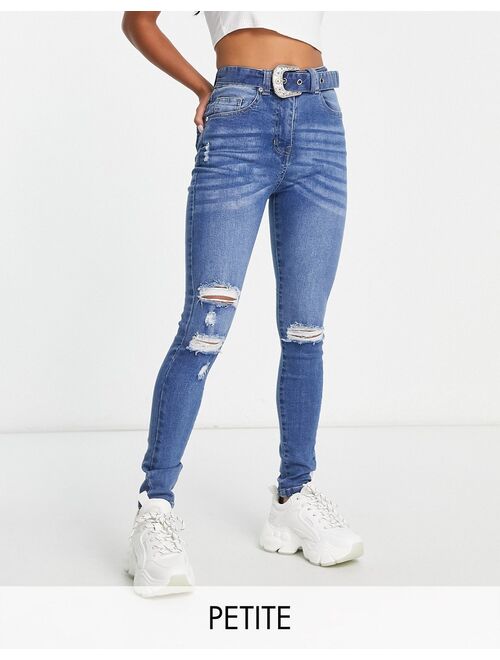 Parisian Petite belted skinny jeans in mid blue