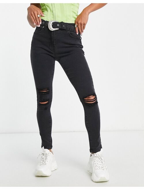 Parisian Petite belted skinny jeans in charcoal