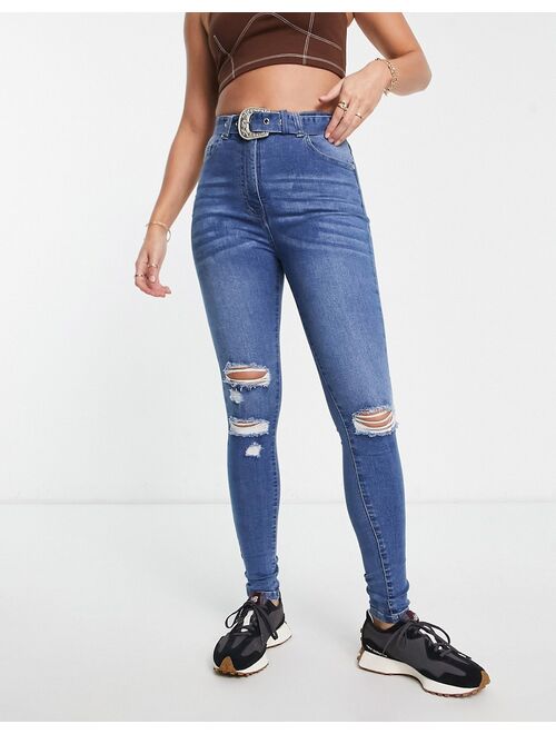 Parisian Tall belted skinny jeans in mid blue