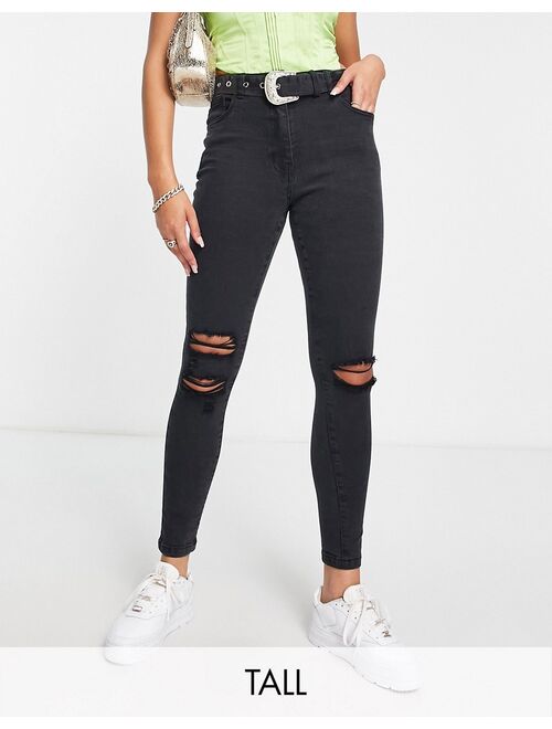 Parisian Tall belted skinny jeans in charcoal