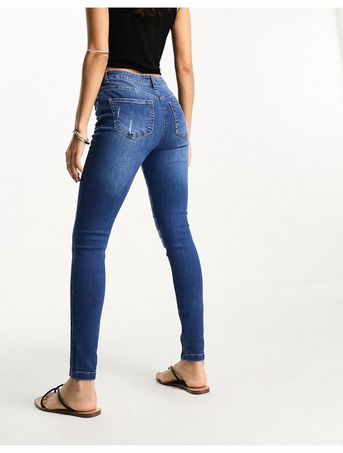 Parisian Petite skinny jeans with rips in mid wash blue