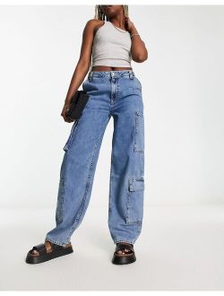 wide leg cargo jean in tinted blue