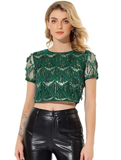 Women's Christmas Sequin Shiny Glitter Crop Top Short Sleeves Tassel T-Shirt