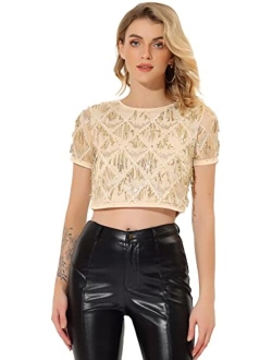 Women's Christmas Sequin Shiny Glitter Crop Top Short Sleeves Tassel T-Shirt