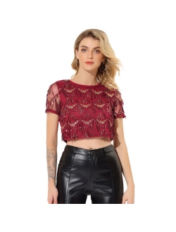 Women's Christmas Sequin Shiny Glitter Crop Top Short Sleeves Tassel T-Shirt