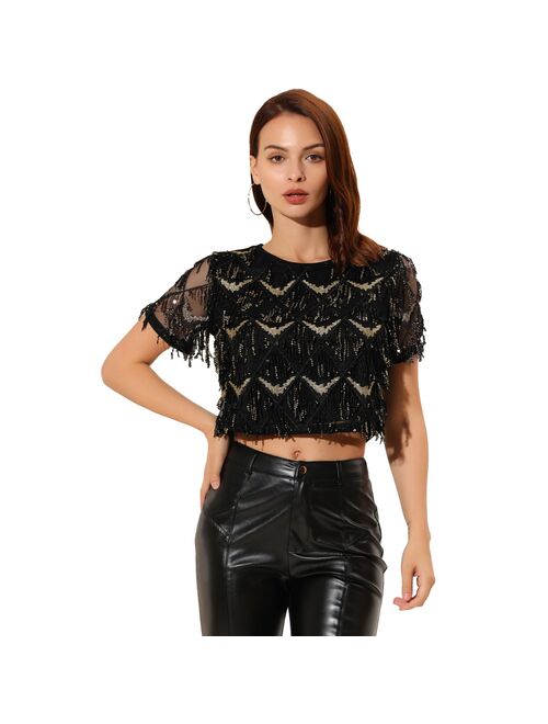 Allegra K Women's Christmas Sequin Shiny Glitter Crop Top Short Sleeves Tassel T-Shirt