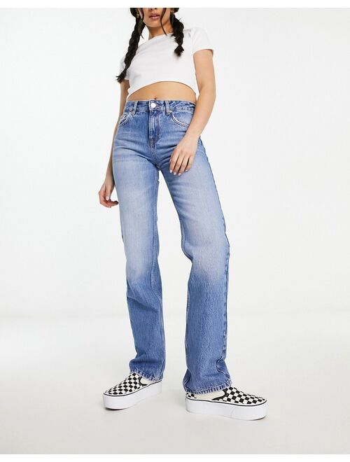 Pull&Bear high waisted straight leg jeans in mid blue