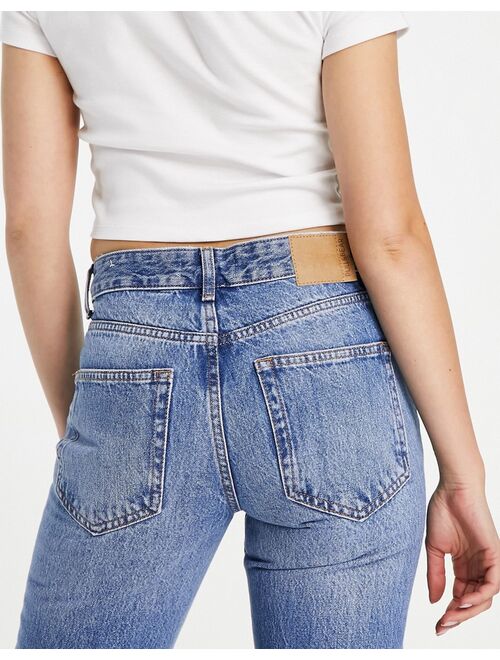 Pull&Bear high waisted straight leg jeans in mid blue