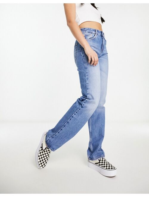 Pull&Bear high waisted straight leg jeans in mid blue