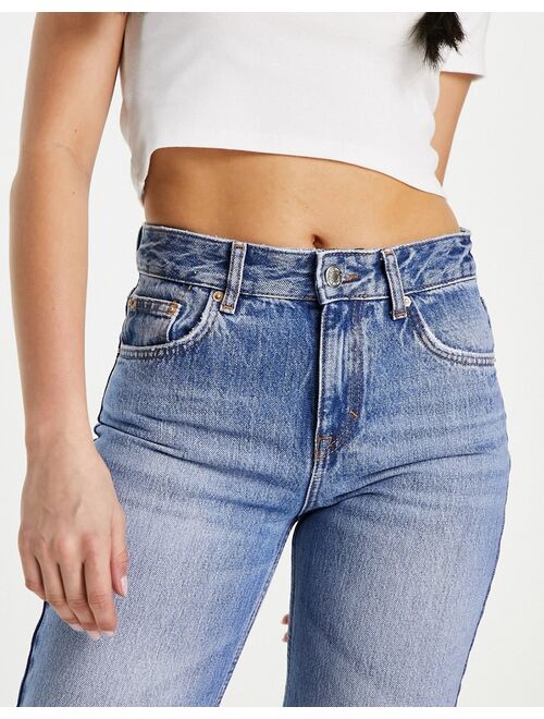 Pull&Bear high waisted straight leg jeans in mid blue