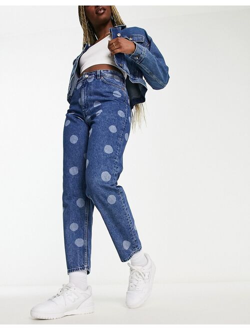 Monki wide leg cropped jeans in blue dot print