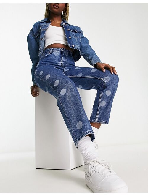 Monki wide leg cropped jeans in blue dot print