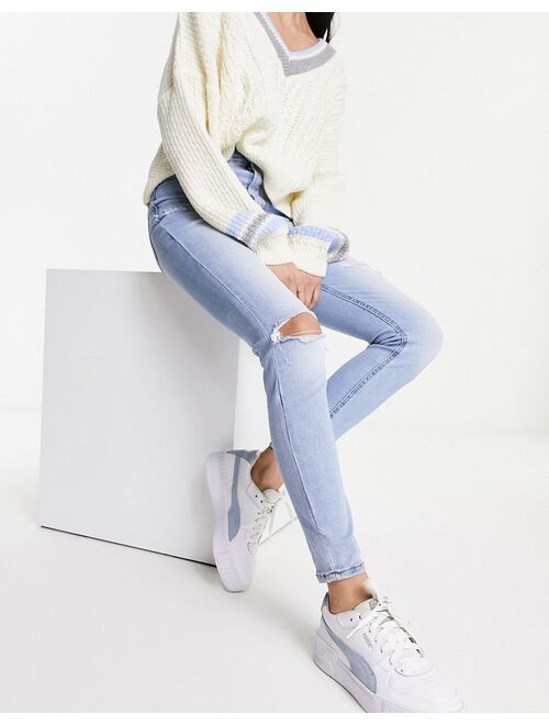 Stradivarius super high waist skinny jean with rip in light blue