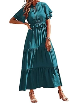 Womens Summer Boho Maxi Dress Short Sleeve V Neck Ruffle Trim High Waisted Tiered Party Flowy Long Dresses 2023