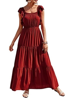 Womens Summer Boho Maxi Dress Short Sleeve V Neck Ruffle Trim High Waisted Tiered Party Flowy Long Dresses 2023