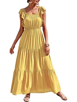 Womens Summer Boho Maxi Dress Short Sleeve V Neck Ruffle Trim High Waisted Tiered Party Flowy Long Dresses 2023